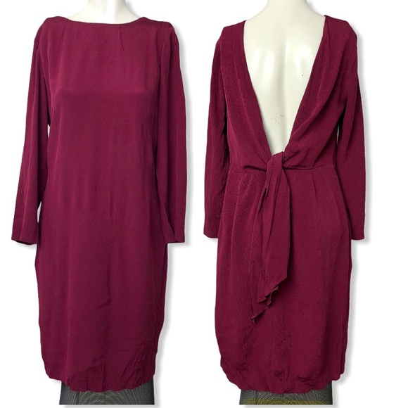 Massimo Dutti Red Burgundy Open Back Bow Crumpled Crepe Shift Dress Size 6 - Picture 14 of 14